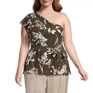Worthington Plus Womens Asymmetrical Neck Short Sleeve Blouse